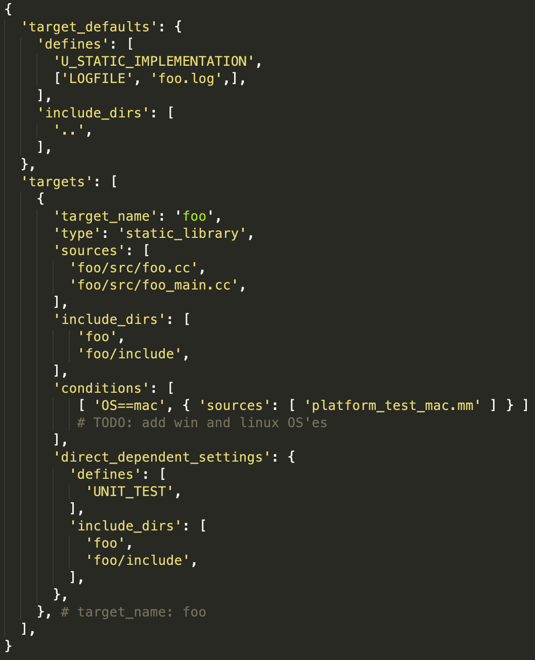 Örnek bir GYP yapılandırma dosyası - Kaynak: https://gyp.gsrc.io/docs/LanguageSpecification.md#Example