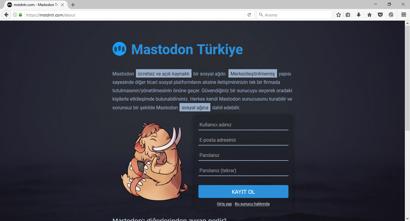 Mastodon giriş sayfası