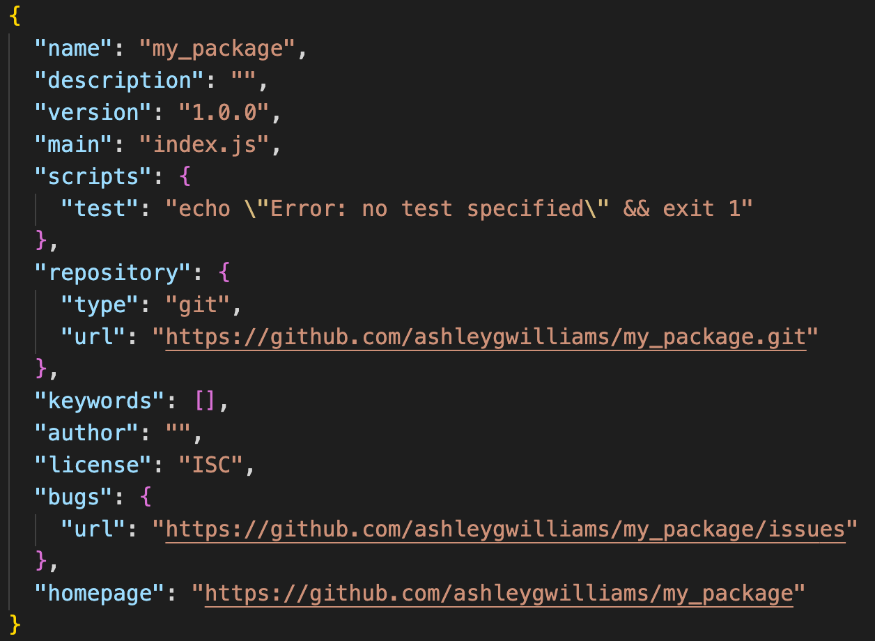 Örnek bir package.json dosyası. - Kaynak: https://docs.npmjs.com/creating-a-package-json-file